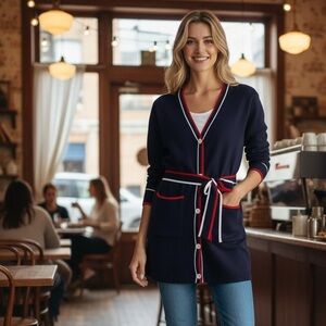 NWT Vigoss Women’s Long Navy Belted Cardigan Cozy Classic Preppy Warm Winter